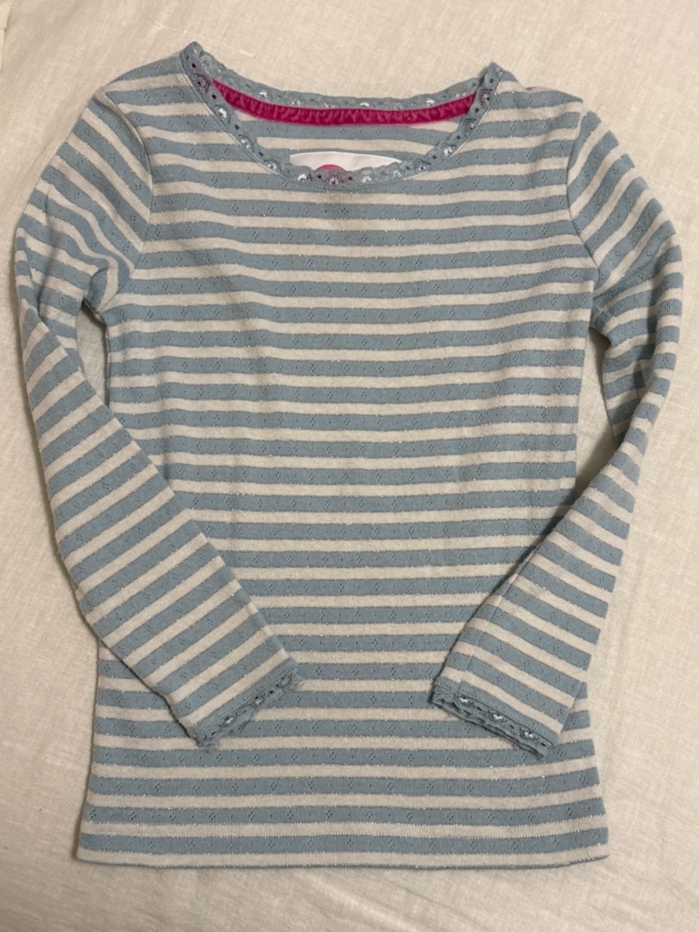 Mini Boden Pointelle Knit Striped + Shimmery Long-Sleeve w/Dainty Lace Trim